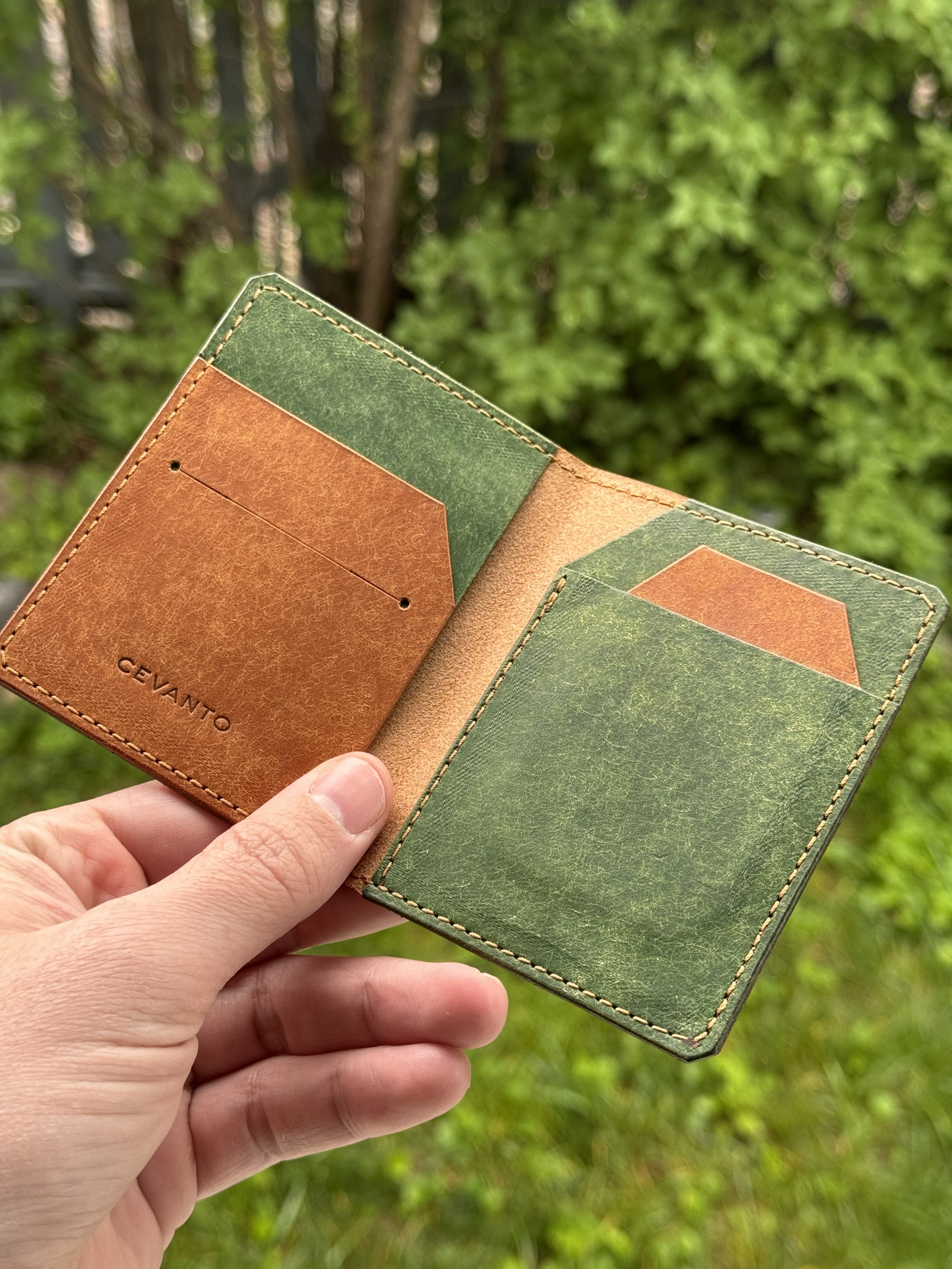 Cevanto tan on green on tan leather wallet inside view