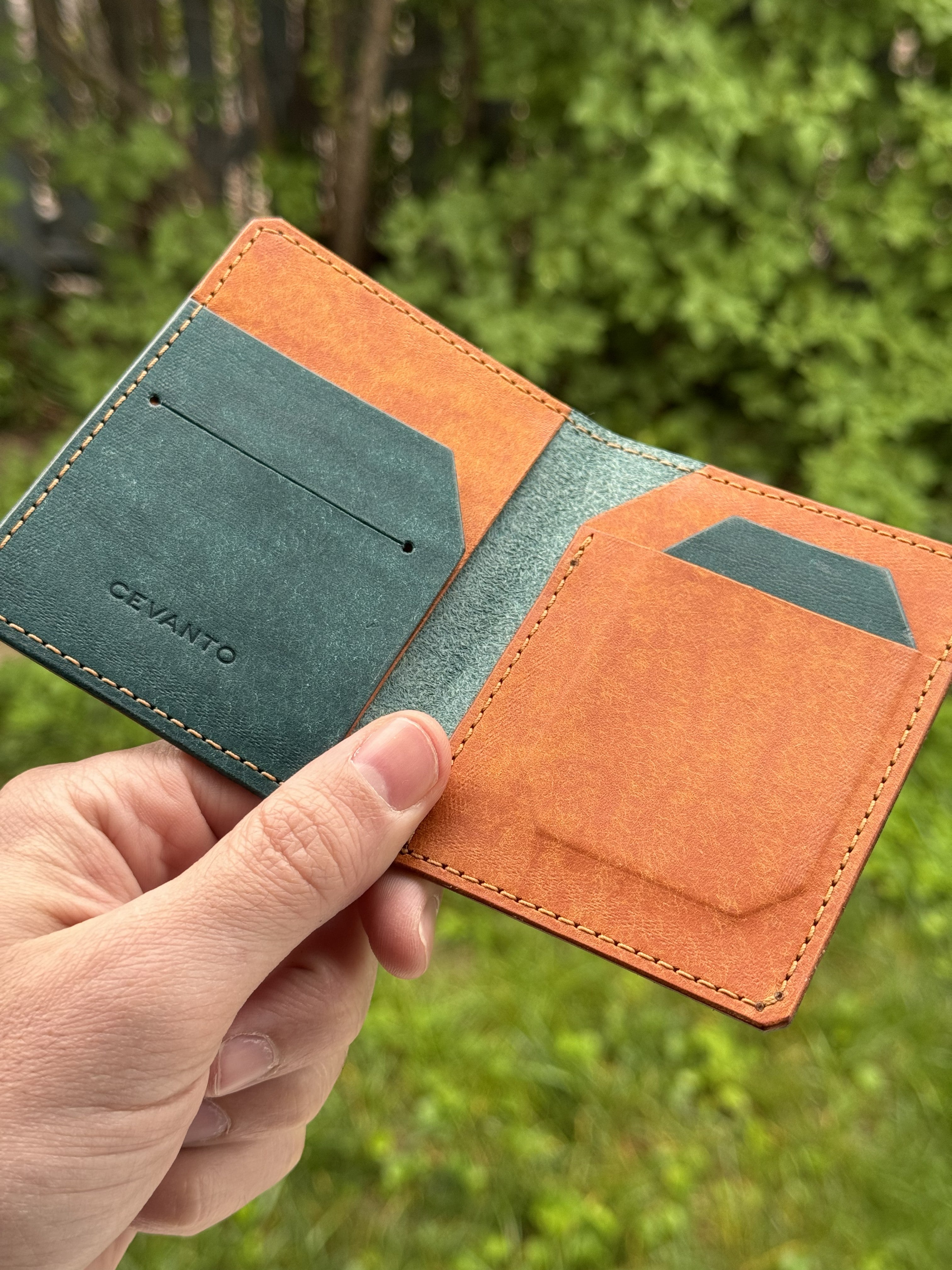 Cevanto blue on blue and tan leather wallet inside view