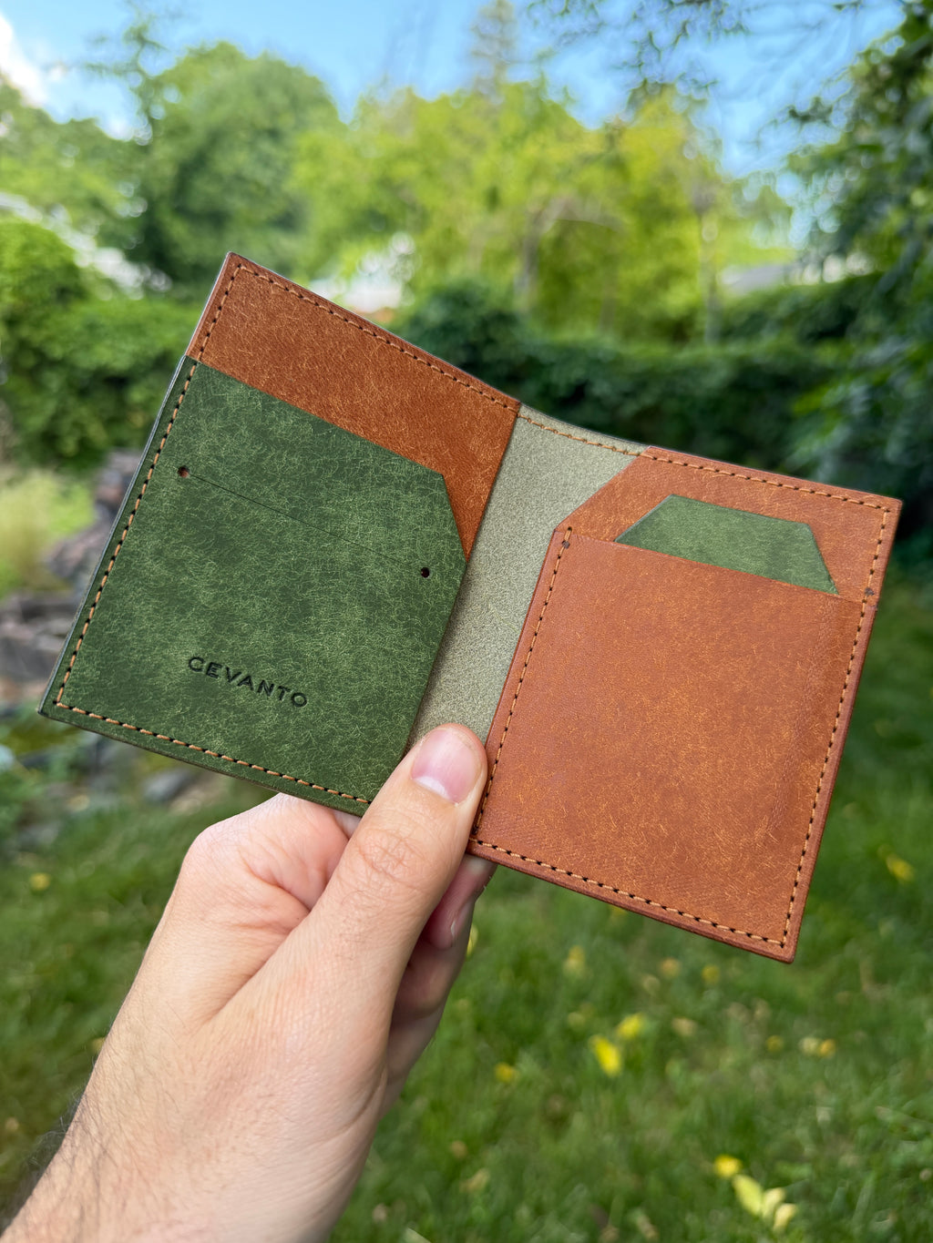 Cevanto green and tan leather wallet inside view