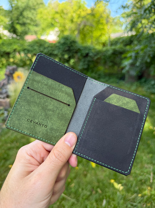 Cevanto black and green leather wallet inside view