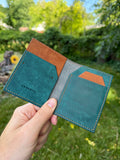Cevanto blue and tan leather wallet inside view