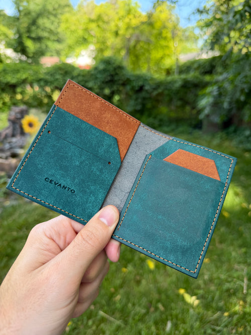 Cevanto blue and tan leather wallet inside view