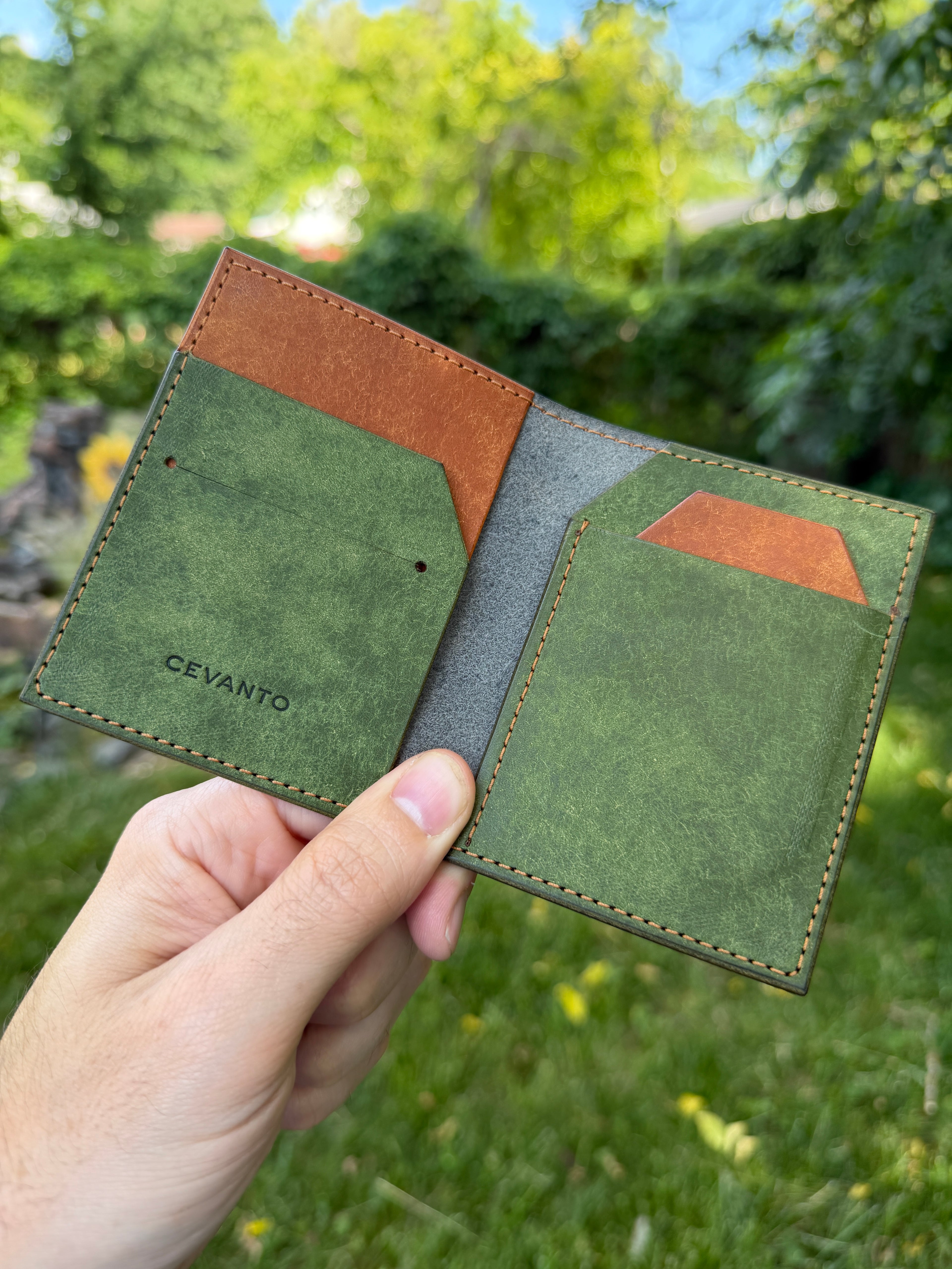 Cevanto green and tan leather wallet inside view